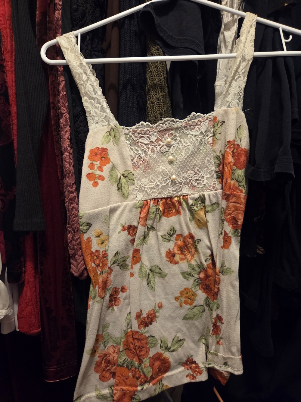 Self Esteem Cream Floral Lace-Trim Tank with Orange Flowers